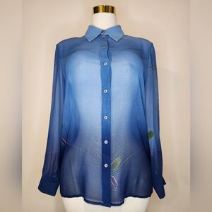 Vintage Donna Gray Sheer Blue Abstract Button-Up Collared Shirt